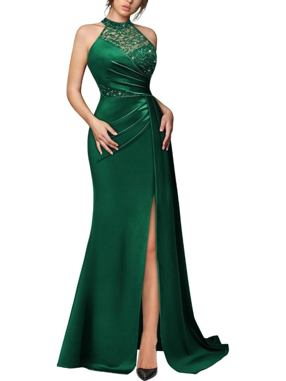 Womens Dark Green Halter Neck Sequin Lace Sleeveless Cocktail Bodycon Maxi Dress